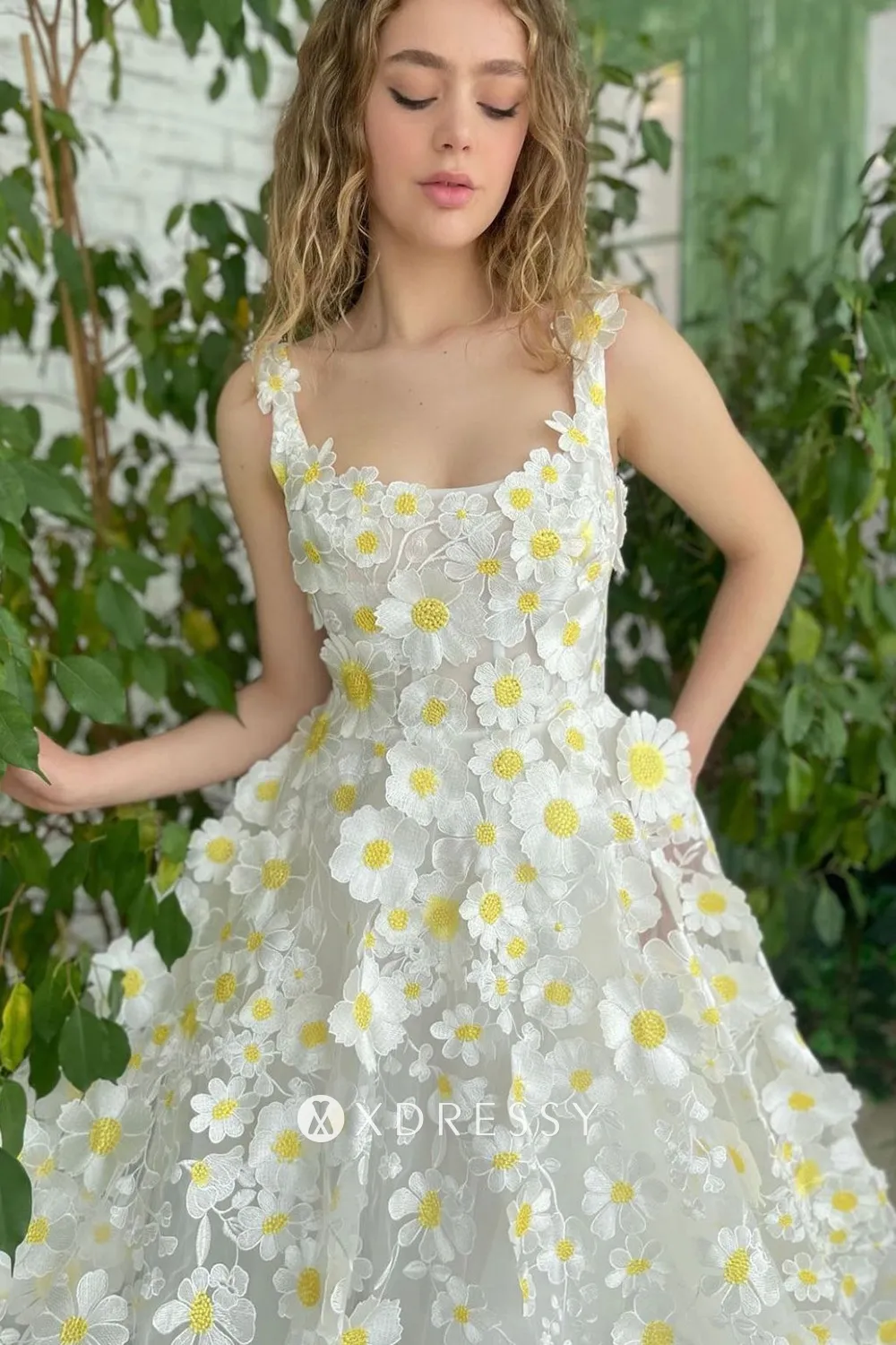 white yellow 3d lace scoop neck prom dress with wide straps white yellow 3d lace scoop neck prom dress with wide straps