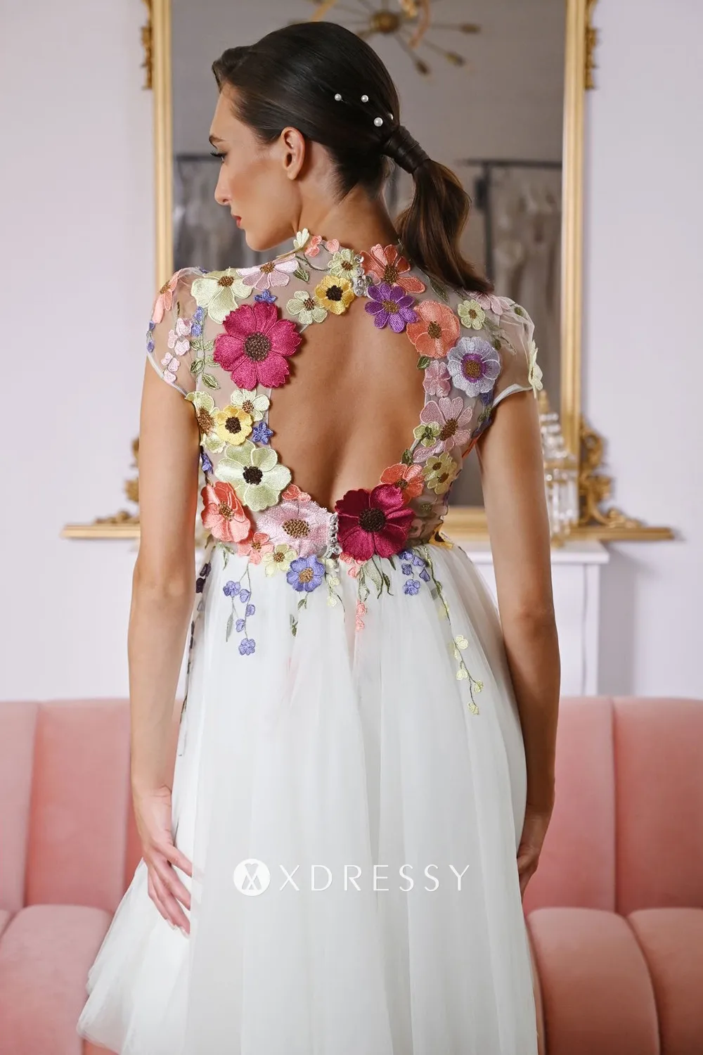 3d flower lace high neck open back short party dress 3d flower lace high neck open back short party dress