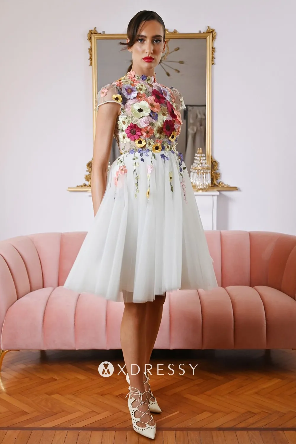 multi color flower lace high neck open back short cocktail dress multi color flower lace high neck open back short cocktail dress