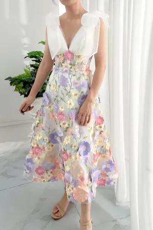 bow shoulder v neck 3d lace tea length graduation dress