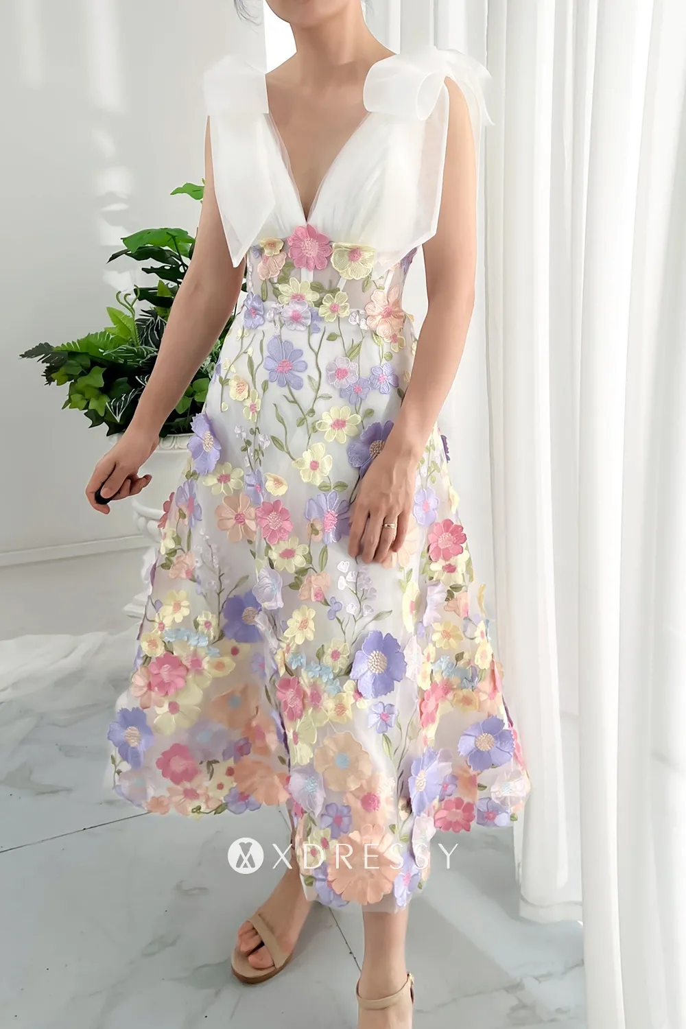 bow shoulder v neck 3d lace tea length graduation dress bow shoulder v neck 3d lace tea length graduation dress