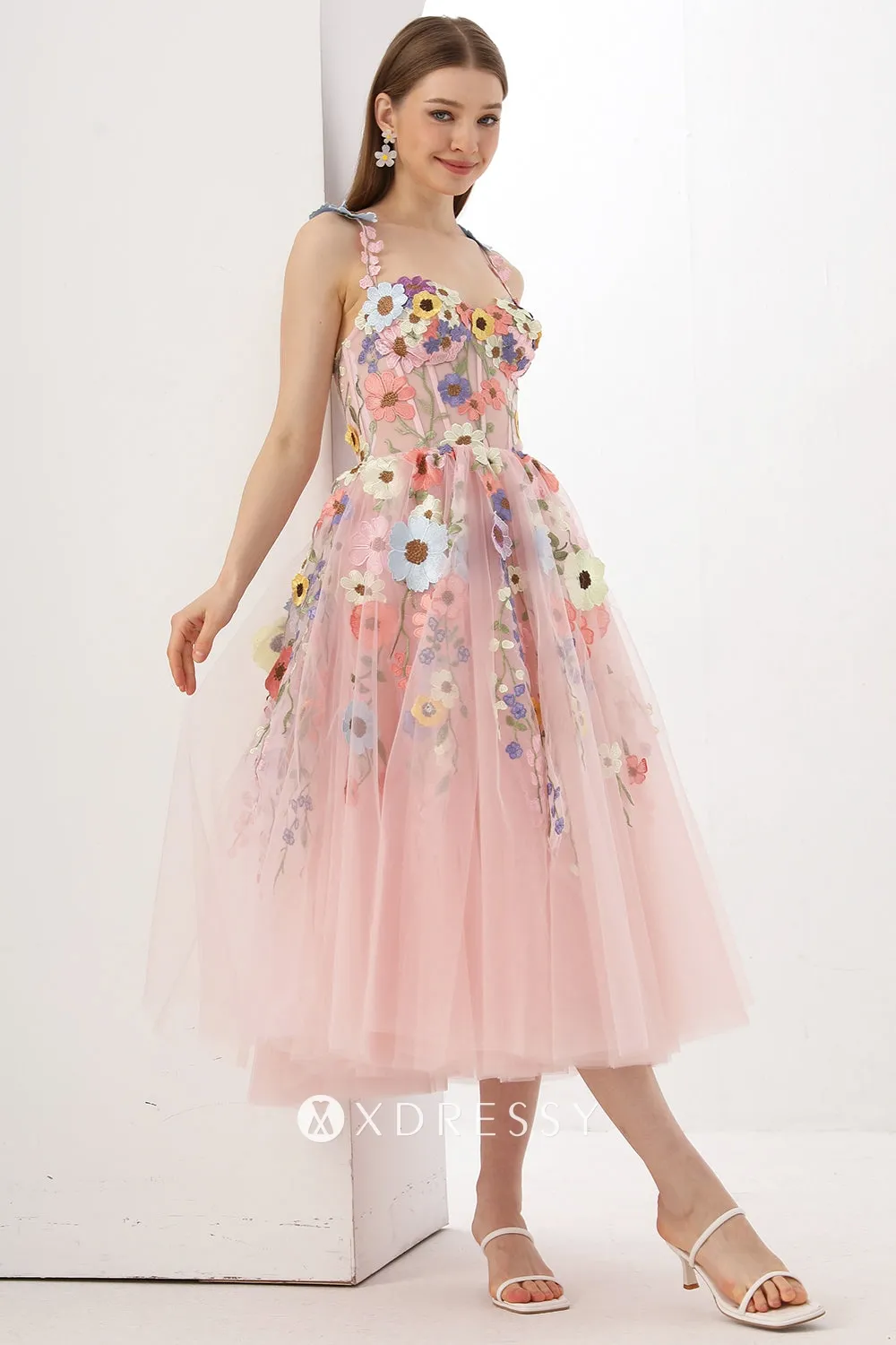 pink flower lace corset midi prom dress pink flower lace corset midi prom dress