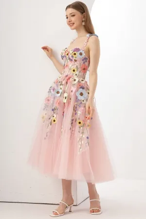 romantic pink flower lace corset midi birhtday dress