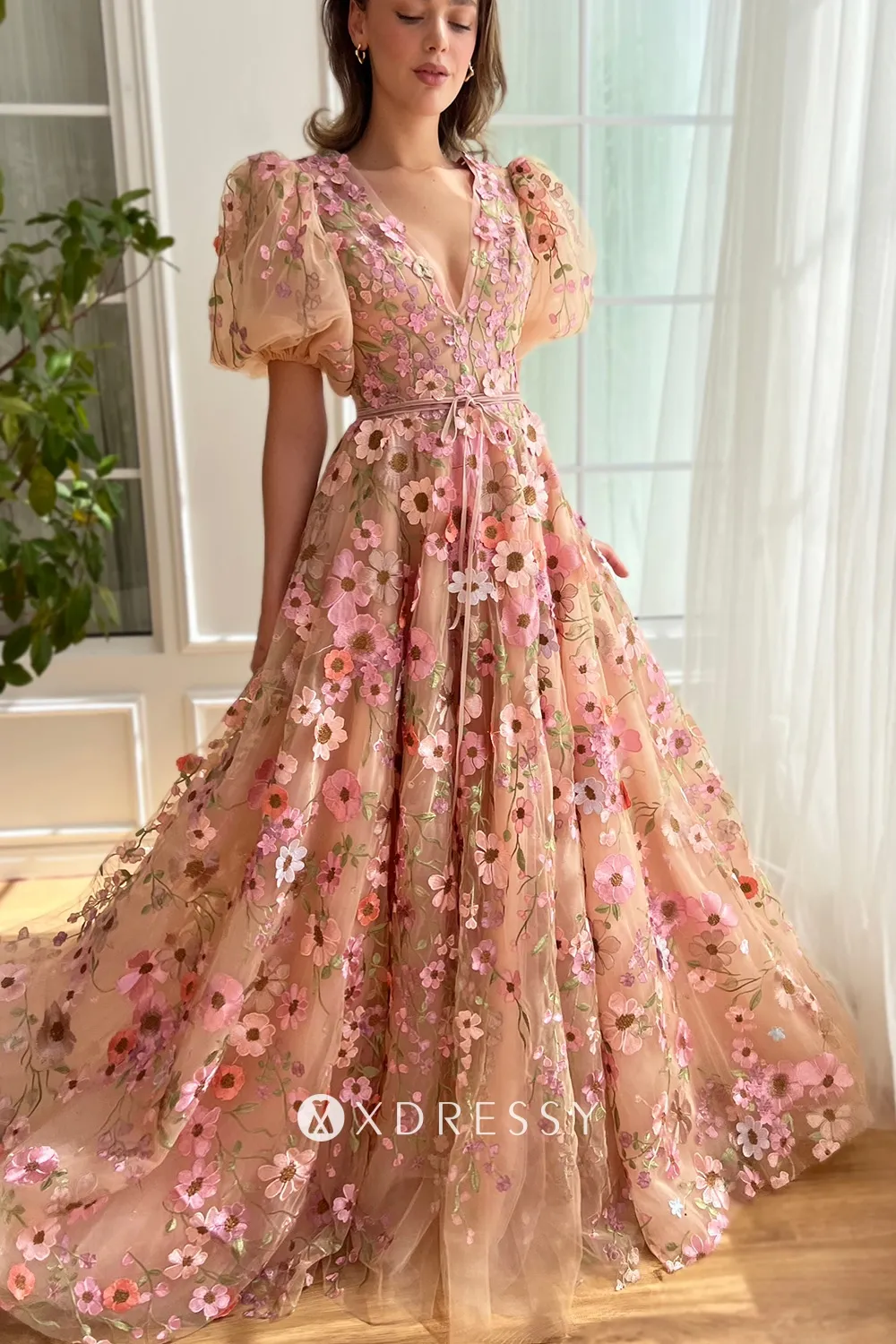 fairy pink floral lace puff sleeve v neck prom dress