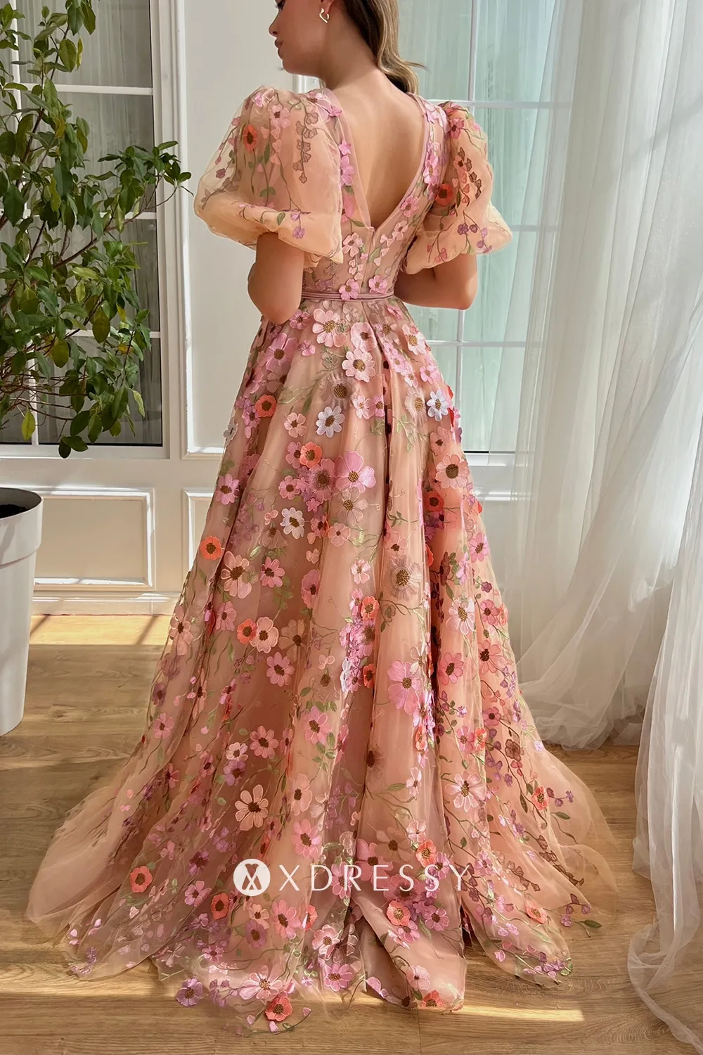 pink floral lace puff sleeve v back photoshoot dress