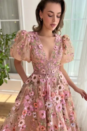 pink floral lace puff sleeve v neck bridal shower dress