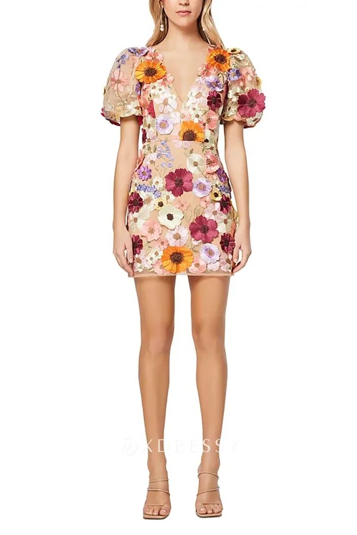 3d floral lace v neck puff sleeve bodycon mini cocktail dress 3d floral lace v neck puff sleeve bodycon mini cocktail dress