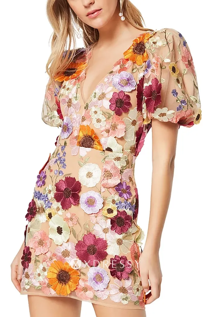modern floral lace v neck puff sleeve bodycon mini party dress modern floral lace v neck puff sleeve bodycon mini party dress