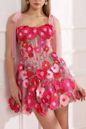 hot pink 3d lace tie shoulder corset mini party dress