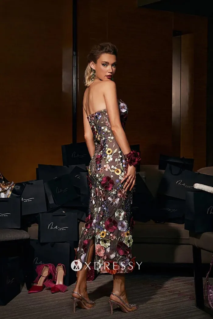 flower lace strapless bodycon tea length cocktail dress flower lace strapless bodycon tea length cocktail dress