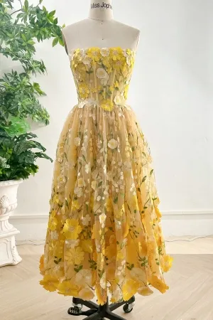 yellow 3d flower lace strapless ankle length prom dress