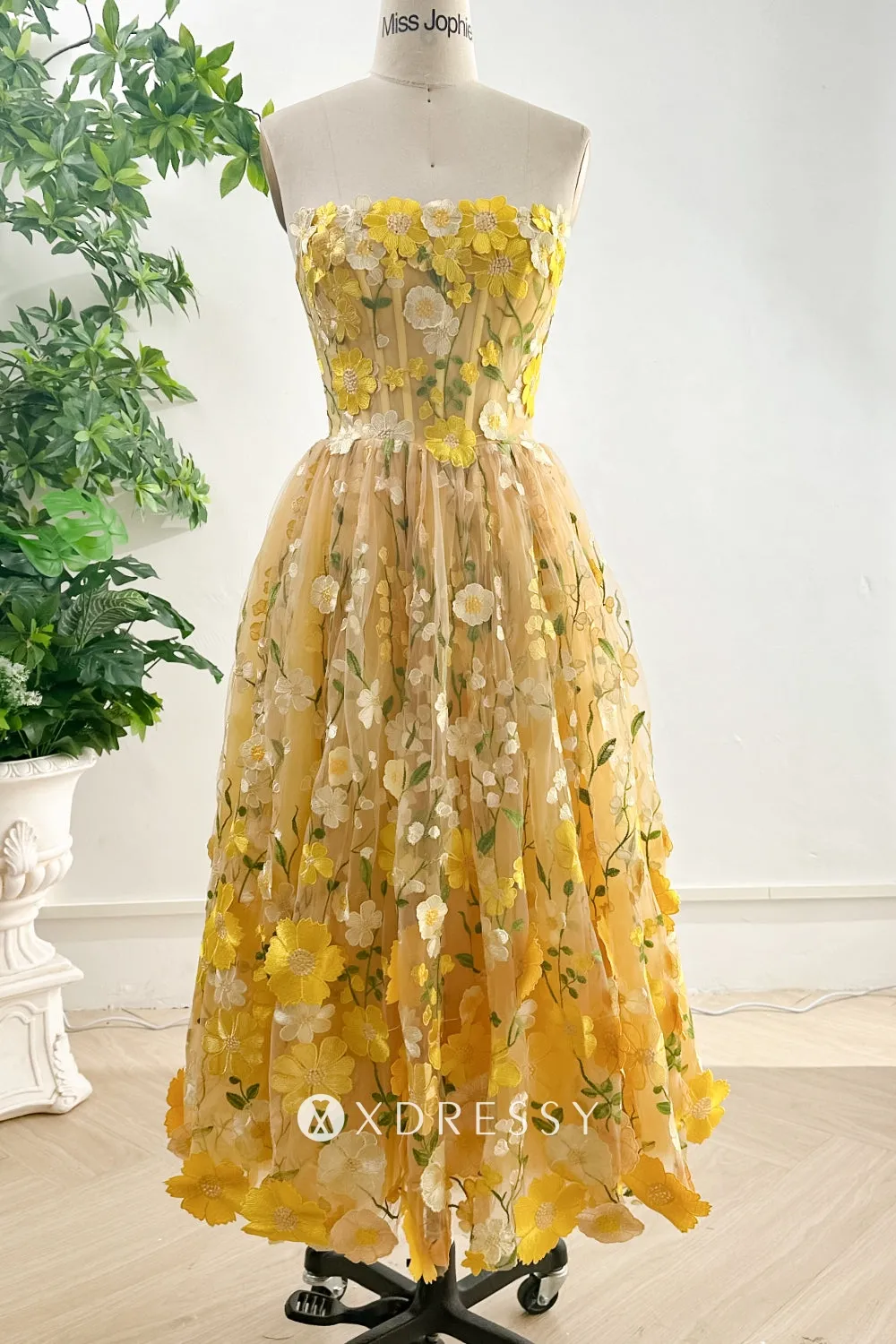 yellow 3d flower lace strapless ankle length prom dress yellow 3d flower lace strapless ankle length prom dress