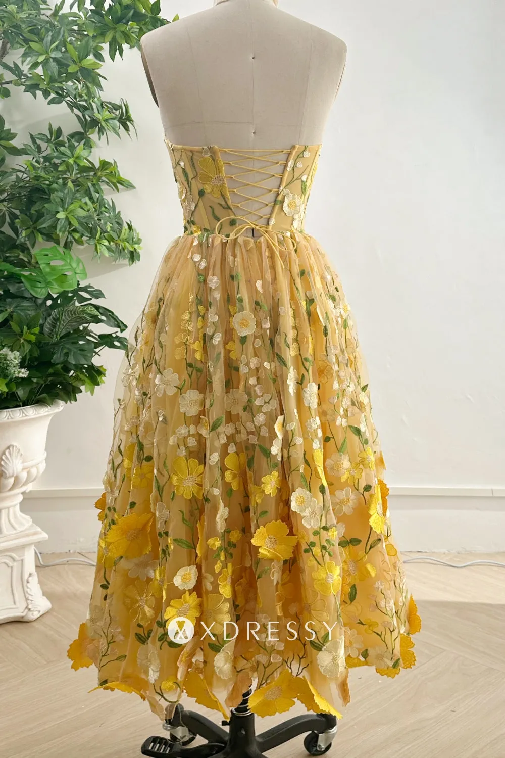 yellow 3d flower lace strapless ankle length prom dress yellow 3d flower lace strapless ankle length prom dress