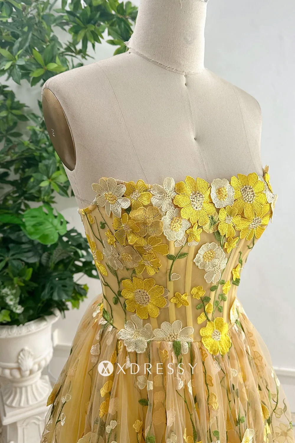 yellow 3d flower lace strapless ankle length prom dress yellow 3d flower lace strapless ankle length prom dress
