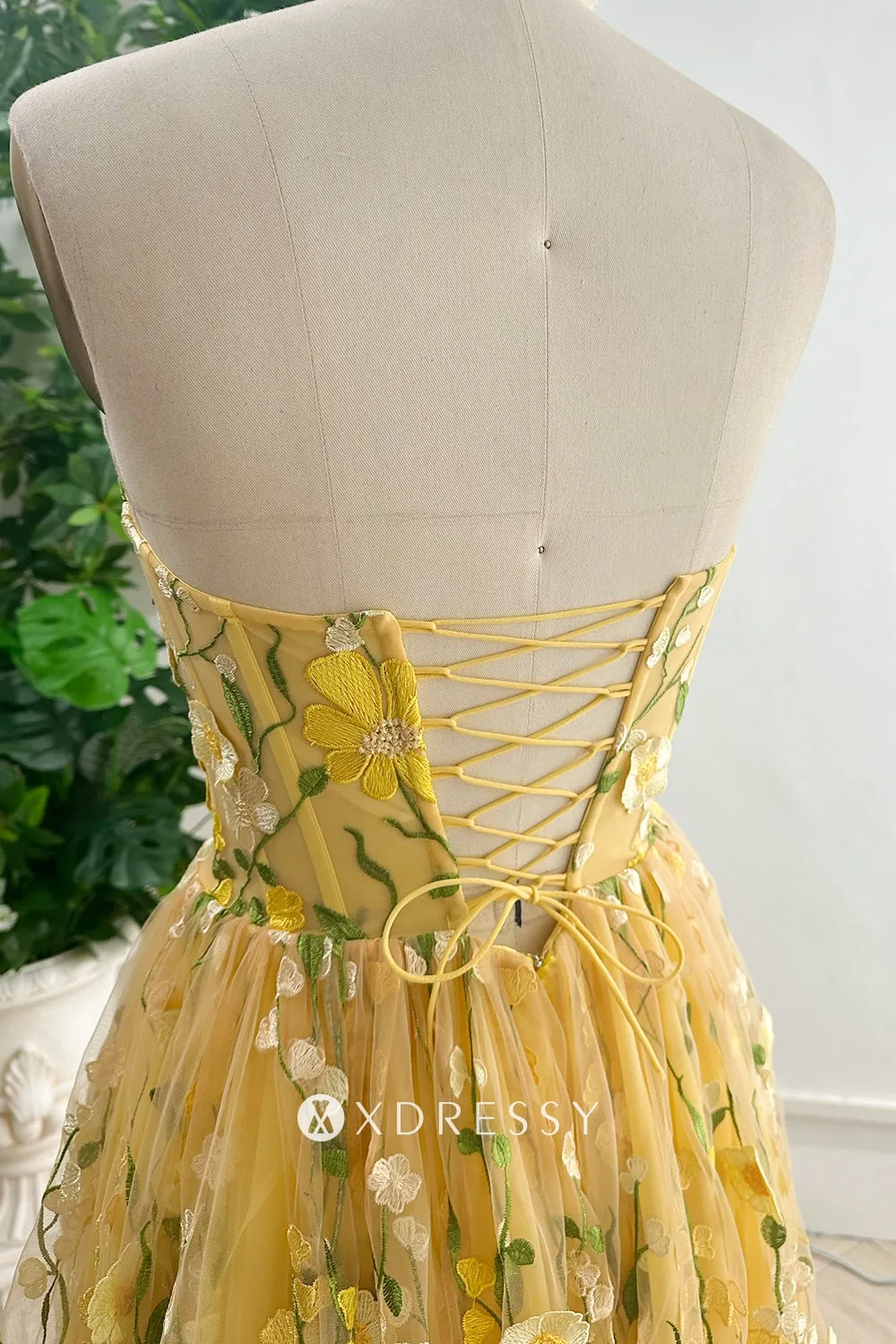 yellow 3d flower lace strapless ankle length prom dress yellow 3d flower lace strapless ankle length prom dress