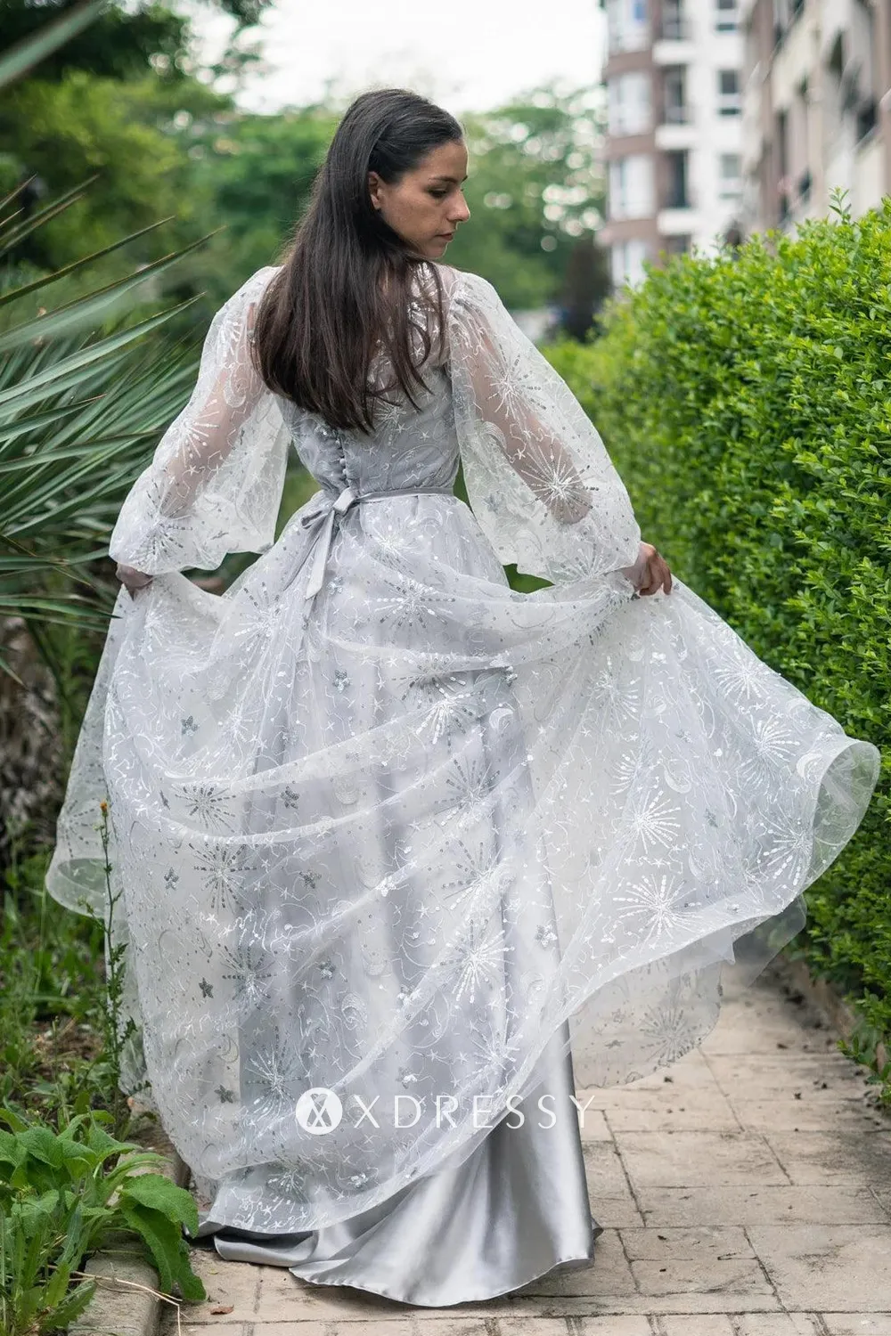 glitter grey star moon overlay puffy sleeve prom dress