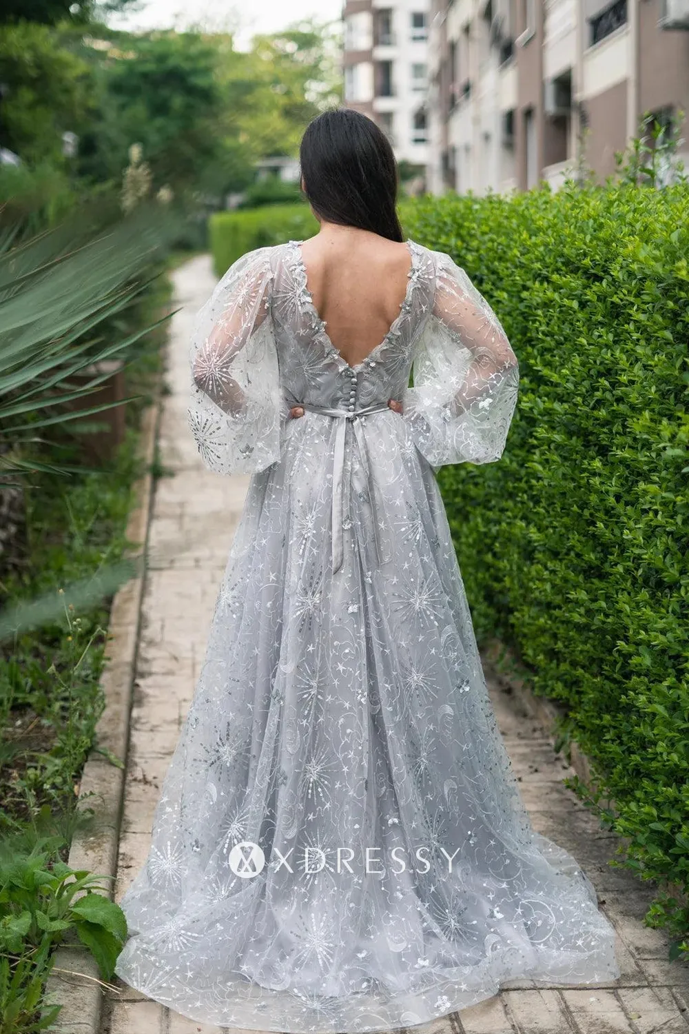 shimmering grey celestial puffy sleeve bridal dress