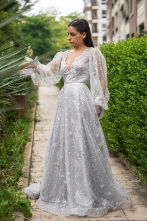 shimmering grey sequin celestial puffy sleeve prom gown