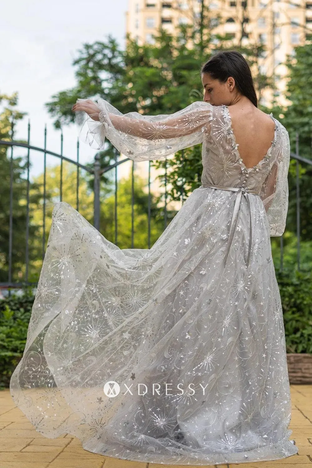 sparkly grey celestial v back anniversary dress