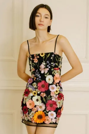 spaghetti strap 3d floral lace black mini party dress