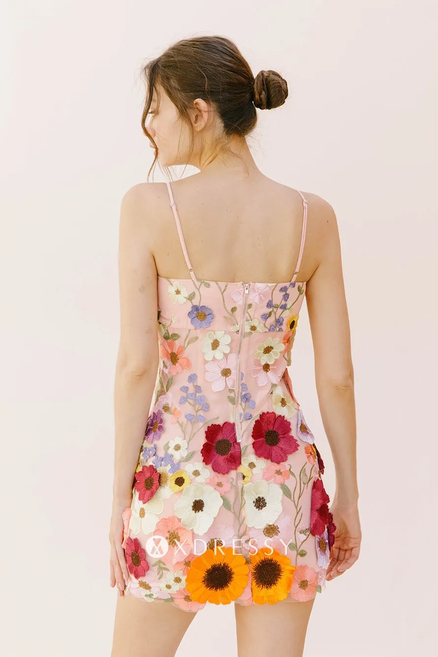 multi color floral lace spaghetti straps mini pink party dress multi color floral lace spaghetti straps mini pink party dress