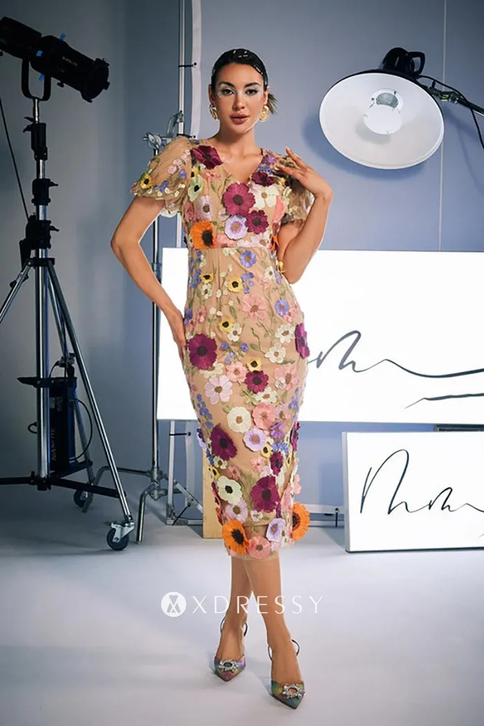 multi color lace v neck short sleeve midi evening dress