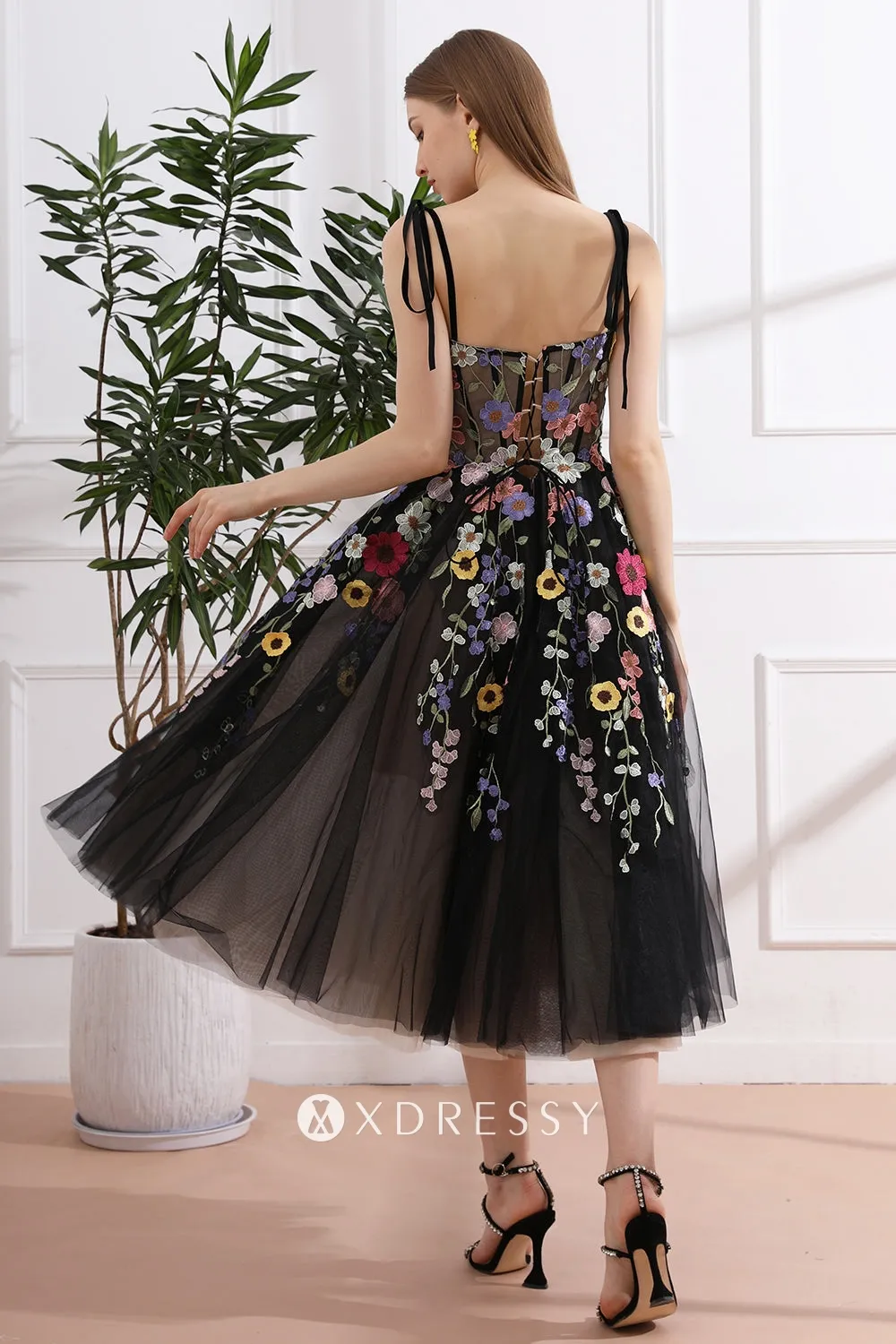 cute tie straps corset 3d flower lace midi black graduation dress