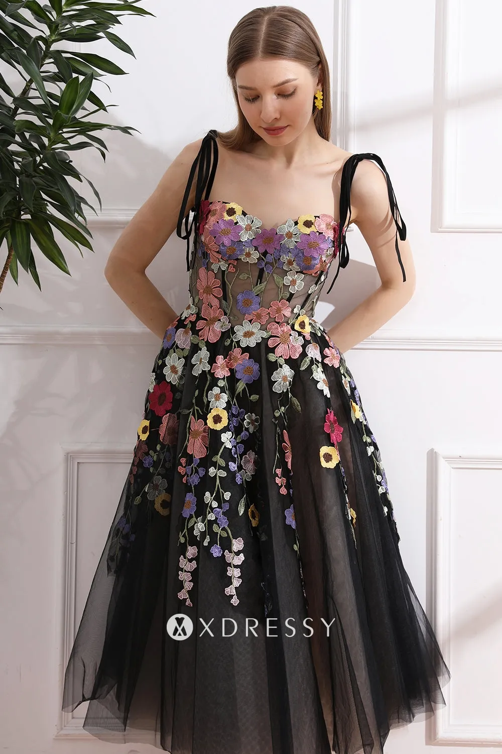 cute tie straps corset 3d lace midi black birthday dress