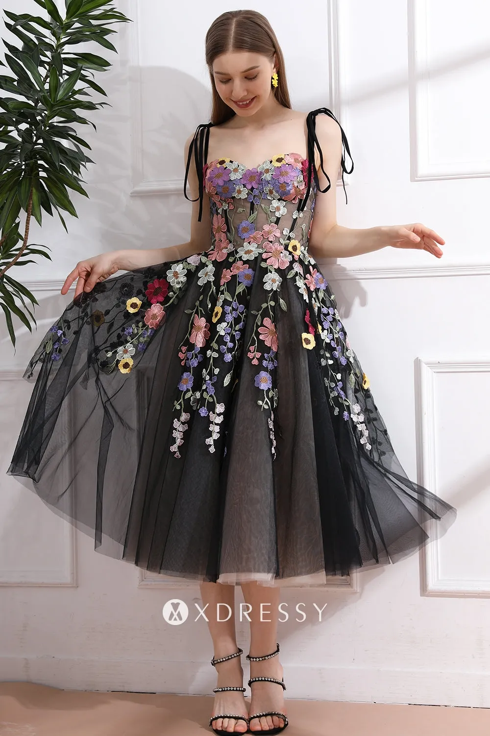 cute tie straps corset 3d lace midi black party dress