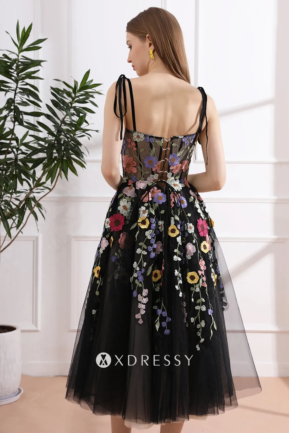 fairy tie straps corset 3d lace midi black party dress