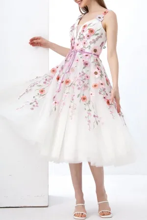 cute pink flower v neck tea length birthday dress