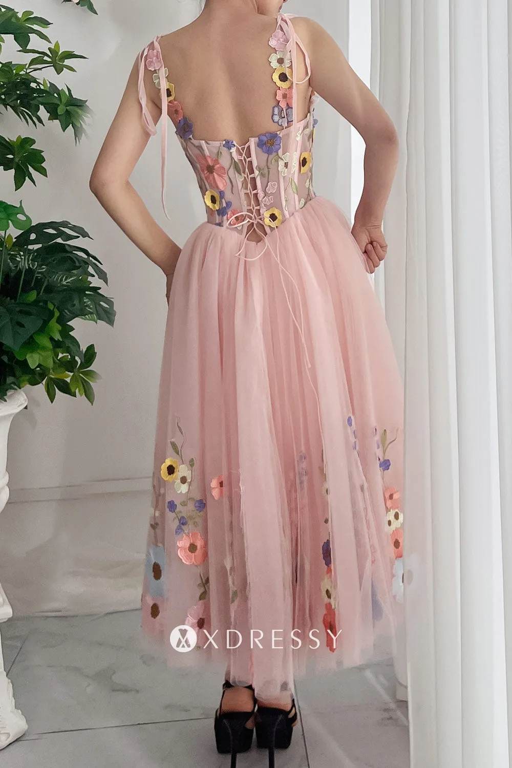 blush pink floral lace tulle tie straps corset midi homecoming dress blush pink floral lace tulle tie straps corset midi homecoming dress
