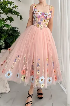 blush pink lace tulle tie straps corset midi prom dress