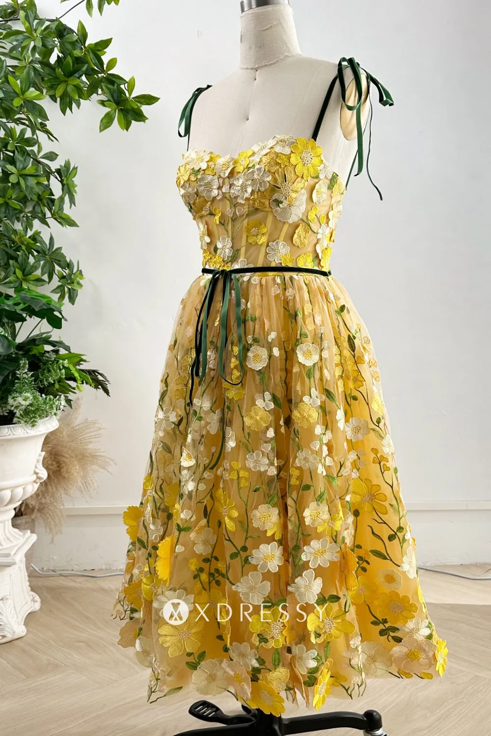 cute yellow flower lace tie straps corset midi homecoming dress cute yellow flower lace tie straps corset midi homecoming dress