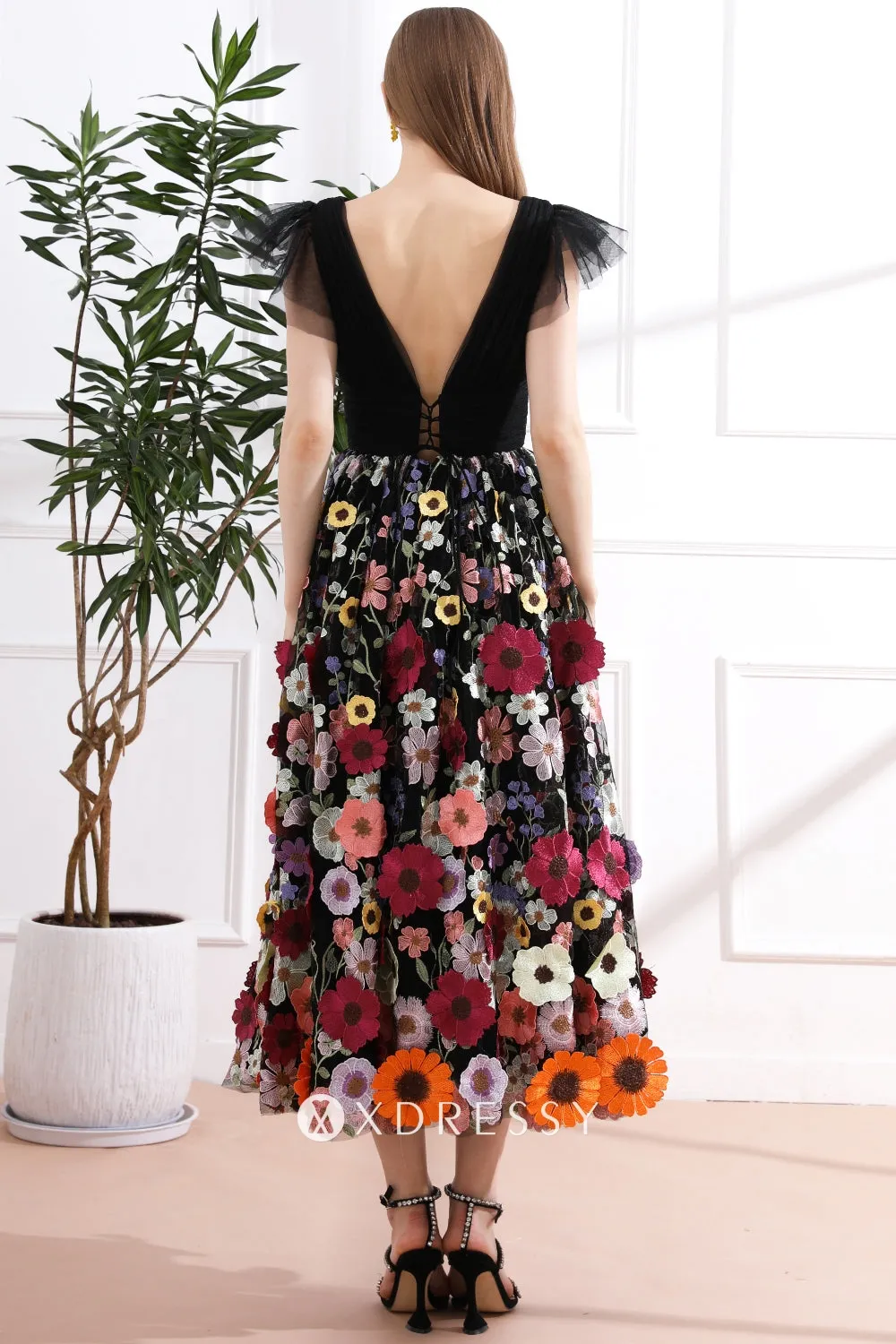 flutter sleeve low v back floral black midi anniversary dress flutter sleeve low v back floral black midi anniversary dress