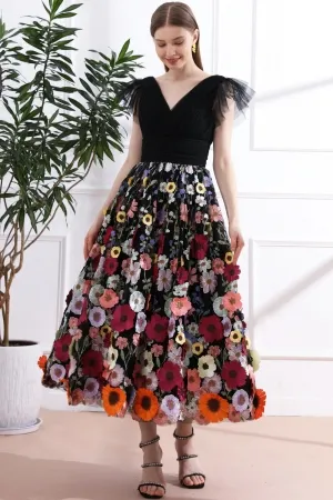 flutter sleeve v neck floral black midi evening dress