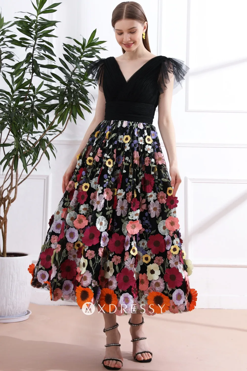 flutter sleeve v neck floral black midi evening dress flutter sleeve v neck floral black midi evening dress
