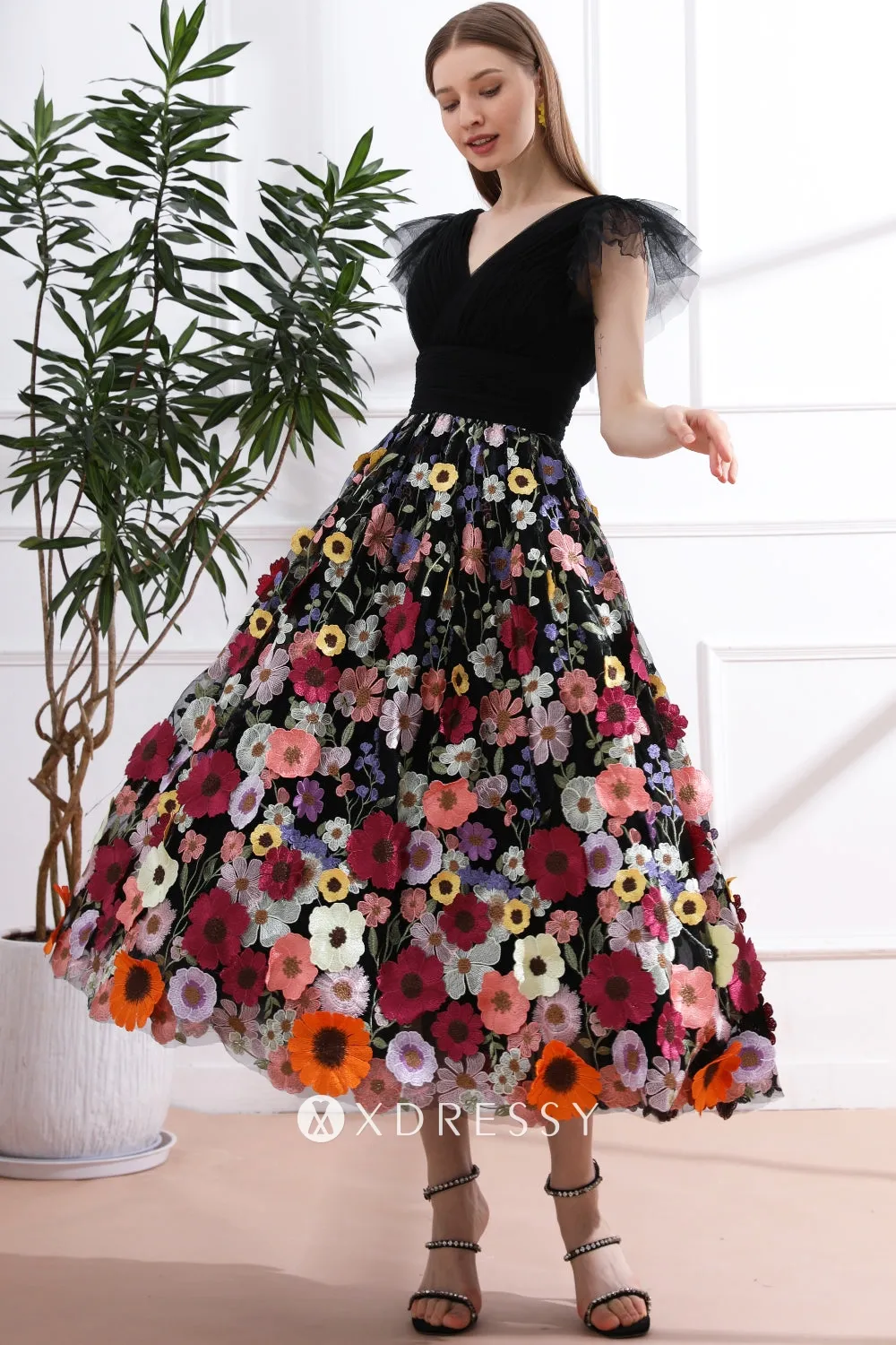 flutter sleeve v neck floral lace black midi cocktail dress flutter sleeve v neck floral lace black midi cocktail dress