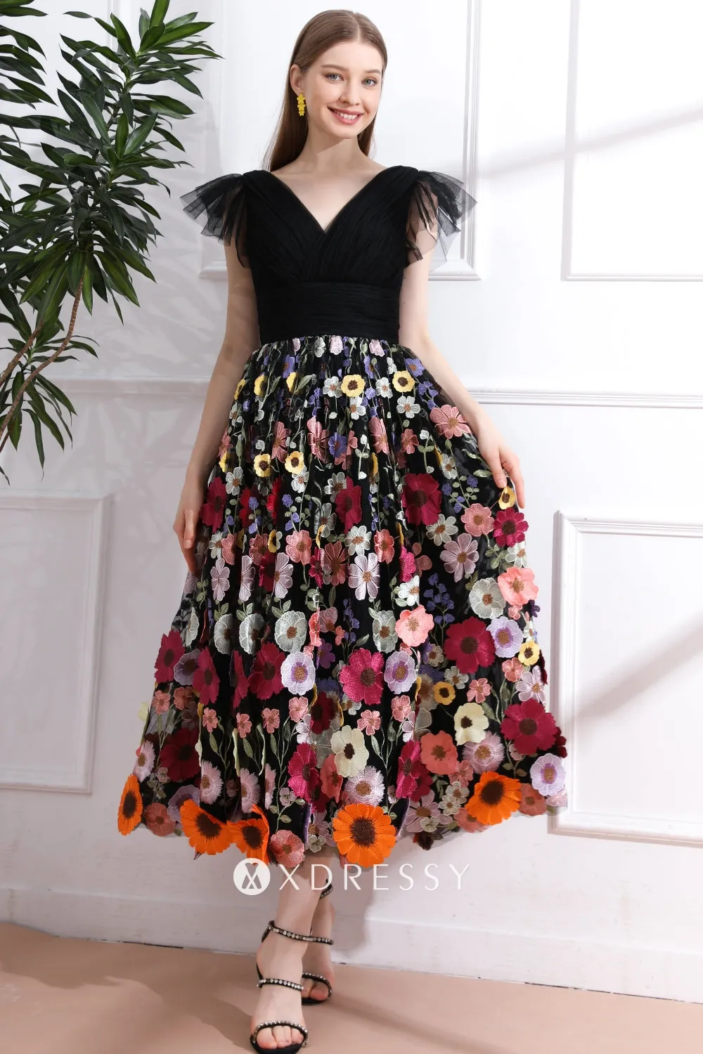 modern flutter sleeve v neck floral black midi party dress modern flutter sleeve v neck floral black midi party dress