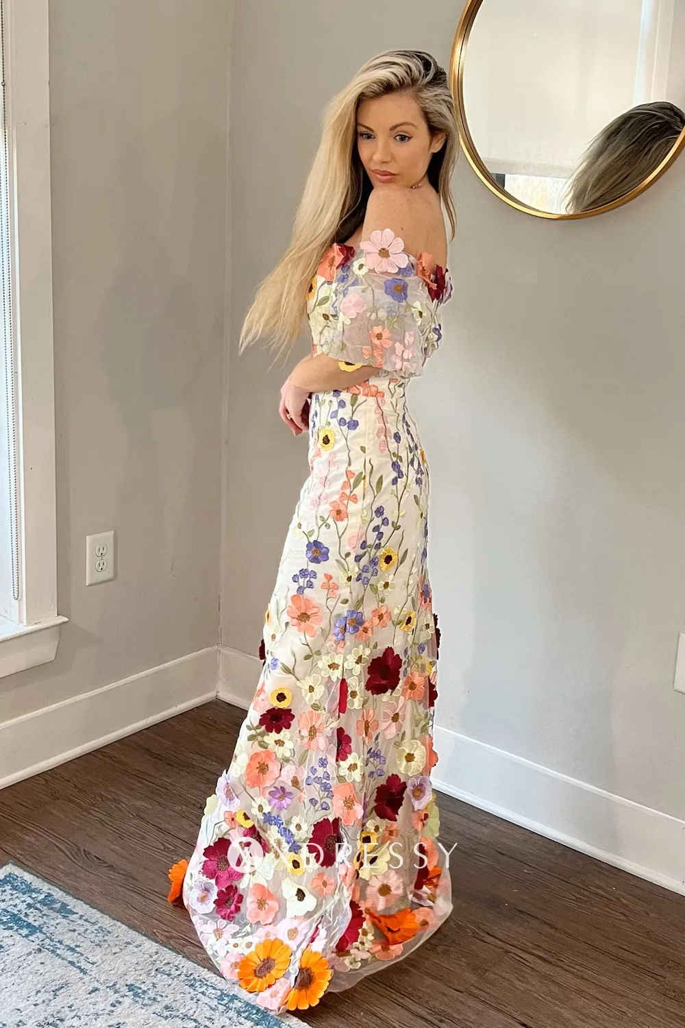 3d flower off shoulder fit and flare engagement dress 3d flower off shoulder fit and flare engagement dress