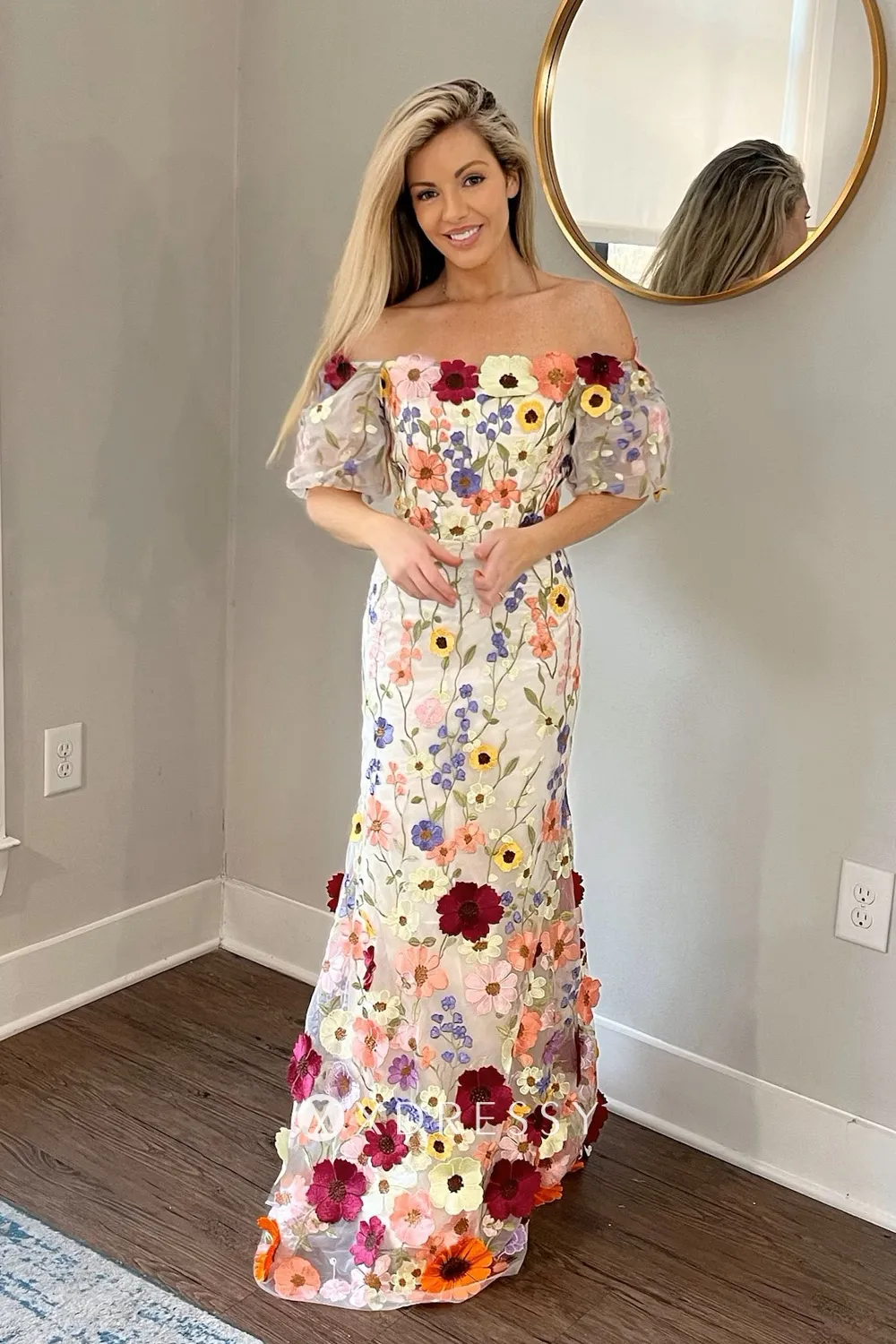multi color flower off shoulder fit and flare prom dress multi color flower off shoulder fit and flare prom dress