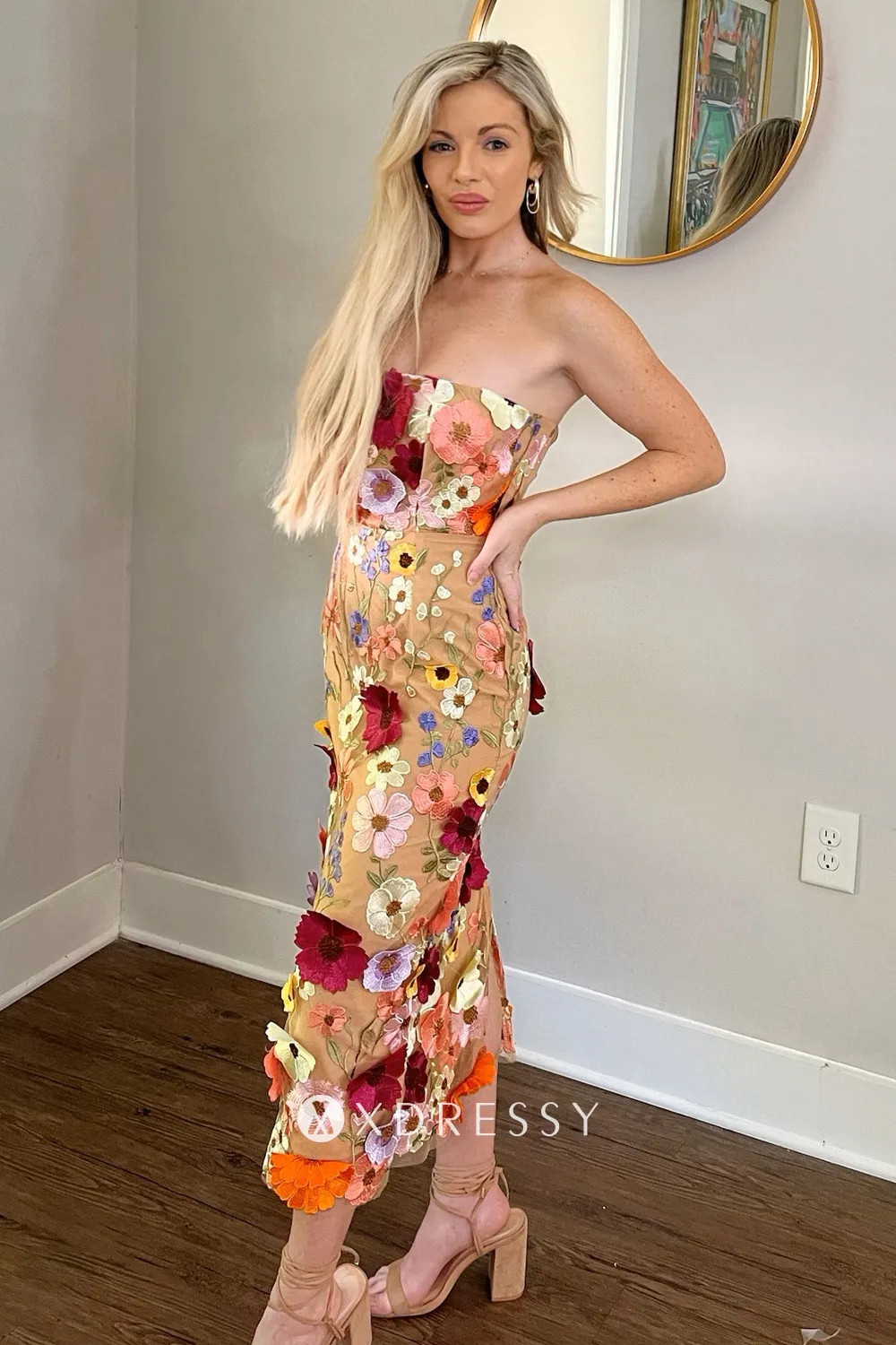 modern multi color flower strapless midi cocktail dress modern multi color flower strapless midi cocktail dress