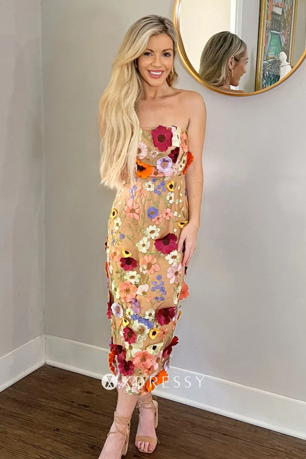 multi color flower strapless bodycon midi evening dress multi color flower strapless bodycon midi evening dress