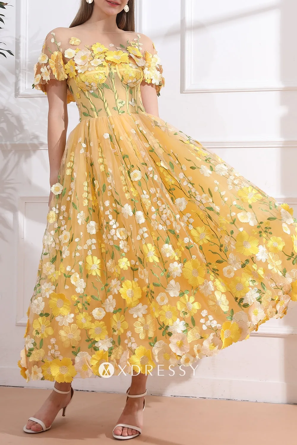 yellow 3d flower lace corset midi prom dress with a cape1 yellow 3d flower lace corset midi prom dress with a cape1