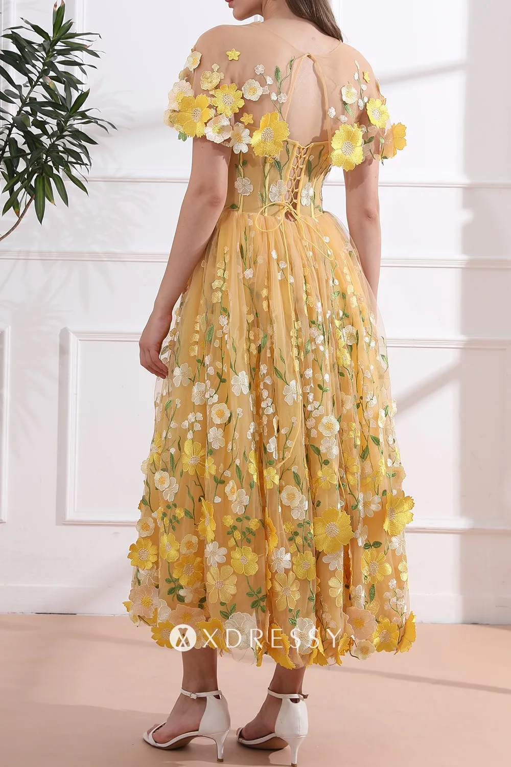 yellow flower lace corset caped tea length party dress yellow flower lace corset caped tea length party dress