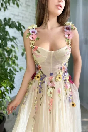 3d flower straps champagne tulle midi homecoming dress