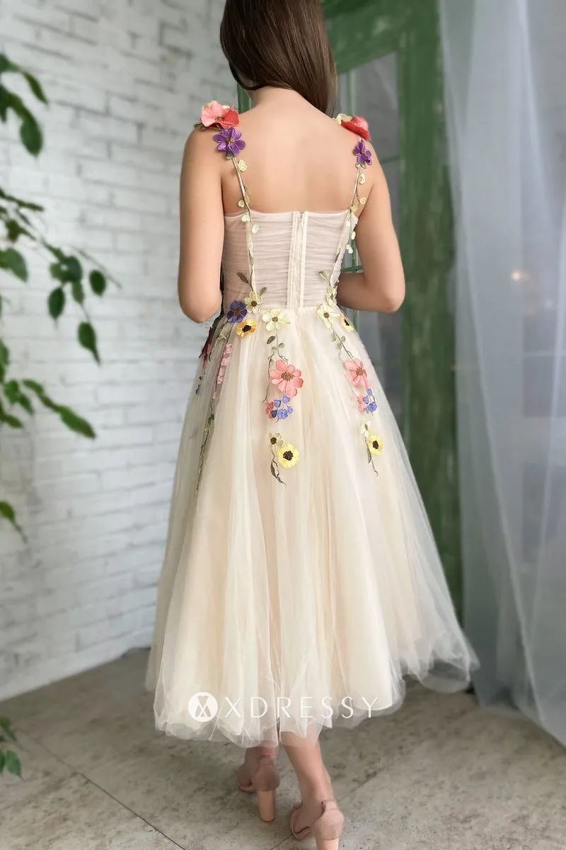 champagne tulle 3d flower straps midi homecoming dress champagne tulle 3d flower straps midi homecoming dress