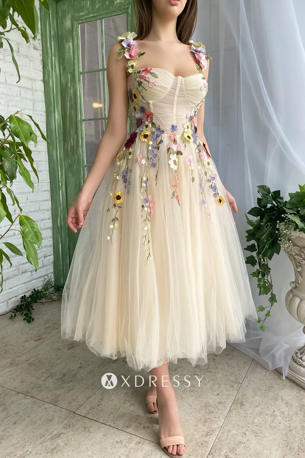 cute 3d flower straps champagne tulle midi graduation dress cute 3d flower straps champagne tulle midi graduation dress