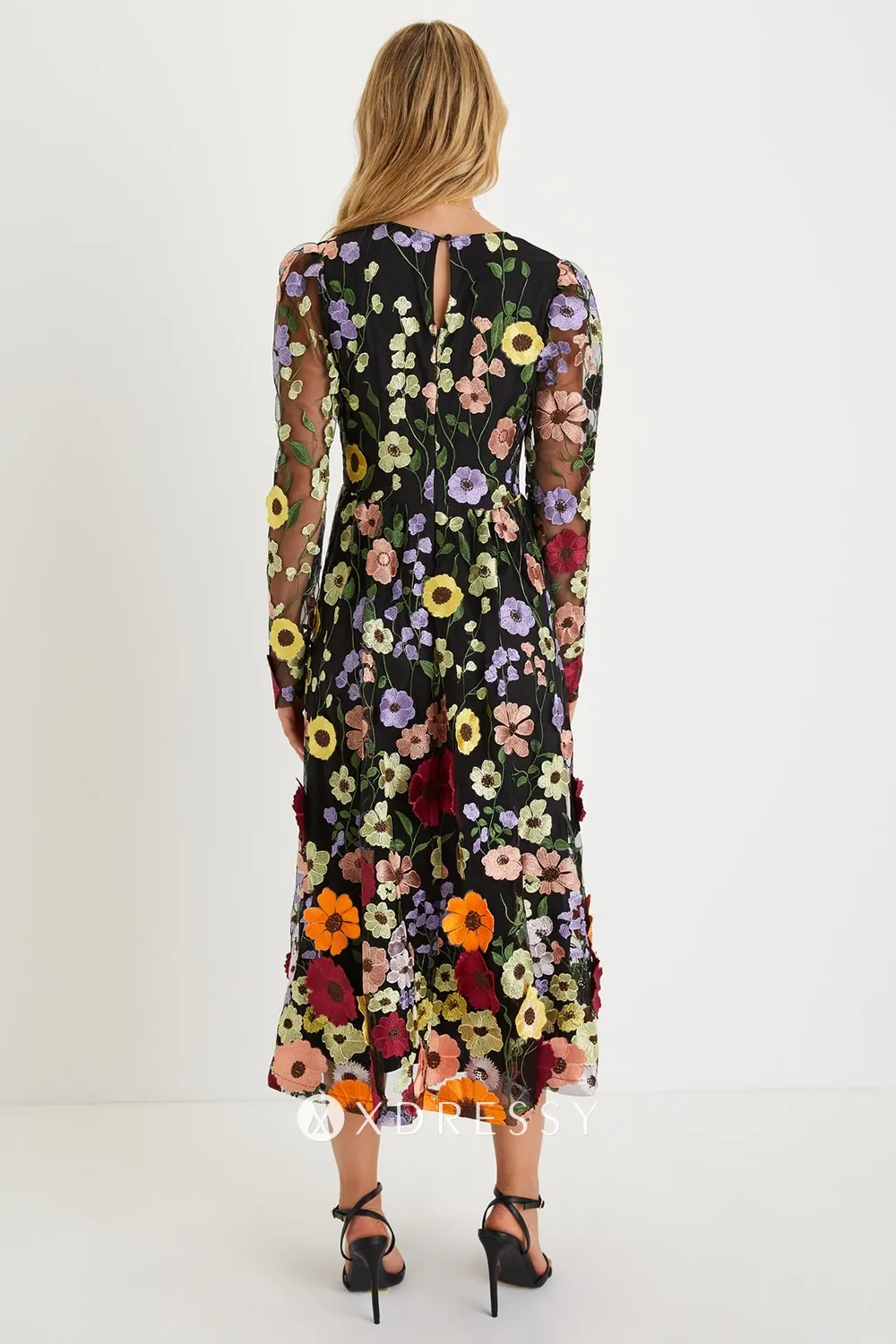 fairy v neck long sleeve black floral lace midi anniversary gown