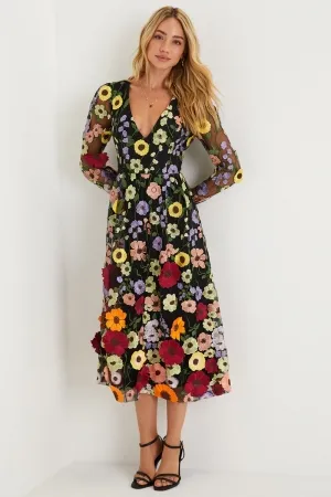 fairy v neck long sleeve black floral midi evening gown